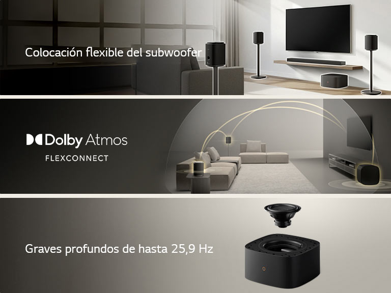 1) LG Sound Suite colocado en una sala de estar, lo que demuestra la flexibilidad en la colocación de los altavoces para un sistema de sonido doméstico envolvente. 2) LG Sound Suite con tecnología Dolby Atmos FlexConnect detecta la ubicación de cada altavoz para optimizar los sistemas de sonido envolvente 3) Primer plano del subwoofer LG Sound Suite W7 con su unidad que muestra un rendimiento de graves profundos de hasta 29,5 Hz.