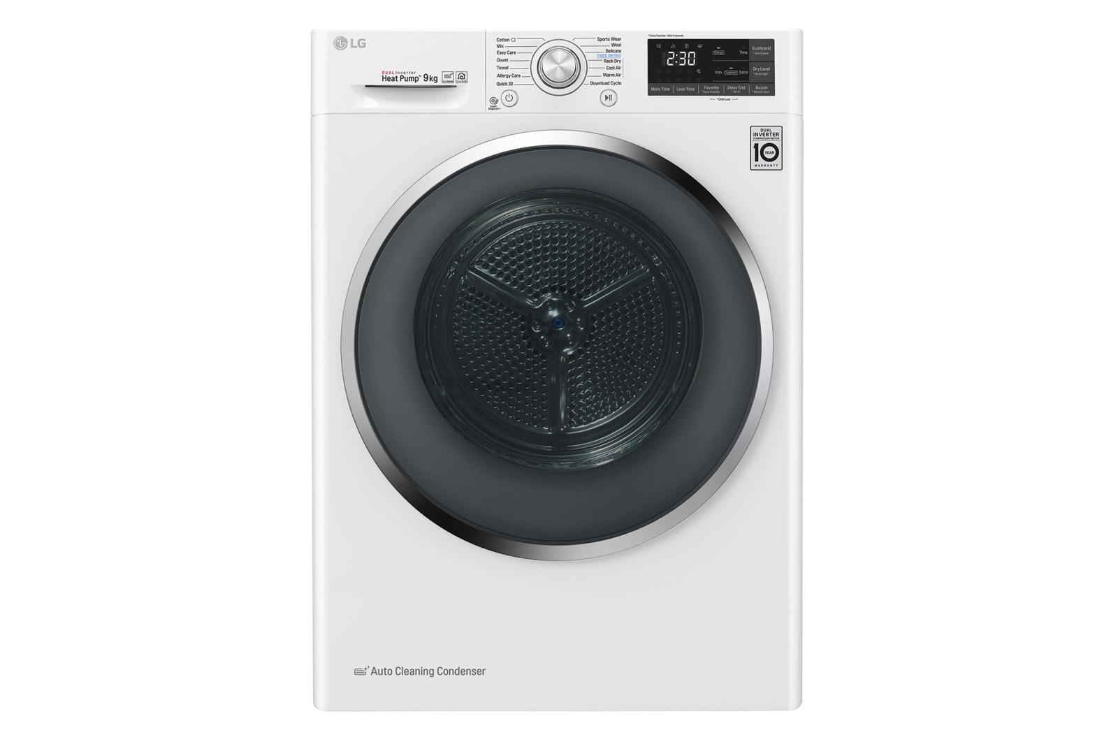 Vy framifrån av 9-kg DUAL Inverter Heat Pump™ -torktumlare med ™ Eco Hybrid™ och värmepumpsteknologi  RC90U2AV2W