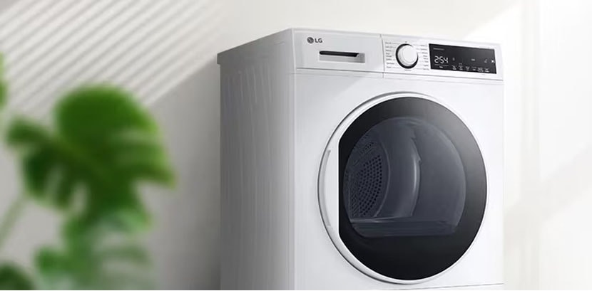 There is a dryer with a good view of the door in the interior background.