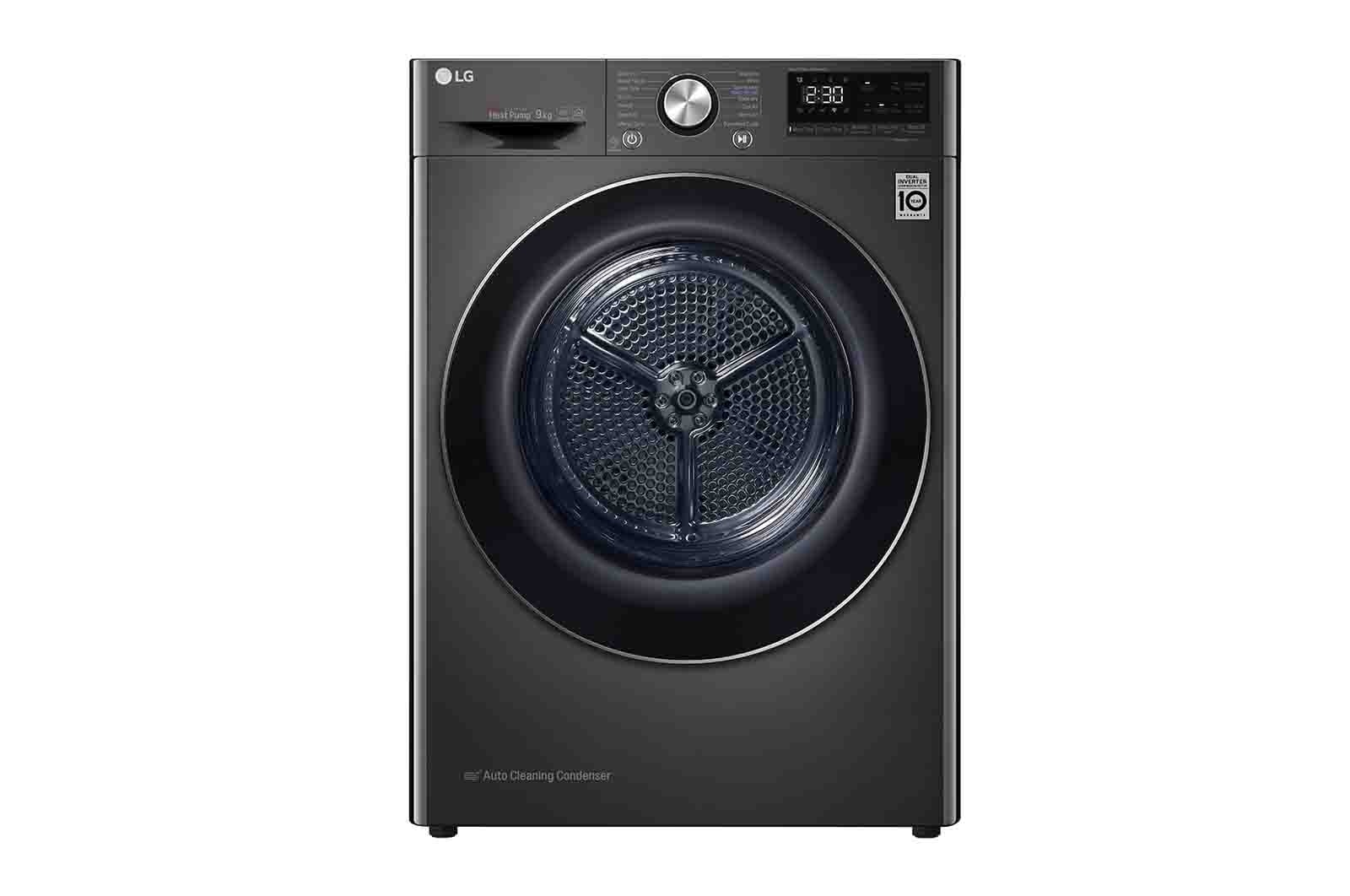 Vy framifrån av Svart 9-kg DUAL Inverter Heat Pump™ -torktumlare med ™ Eco Hybrid™ och värmepumpsteknologi  RV9DN902B