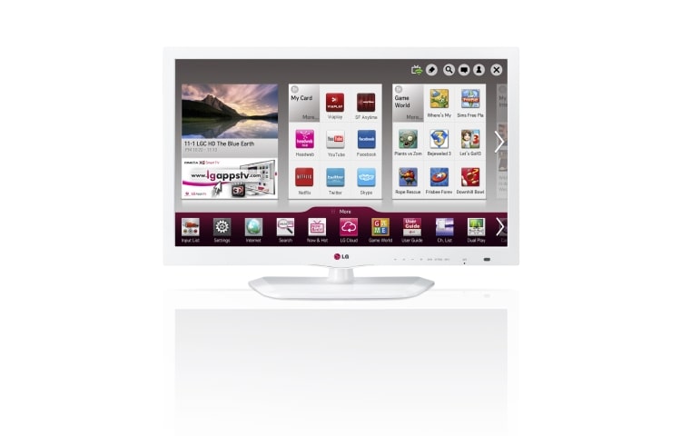 Vy framifrån av SMART LED TV. 0,9 GHz-processor och 1,25 GB RAM. Wi-Fi, DLNA och Magic Remote Ready. Trådstativ i vit design. 26LN460U