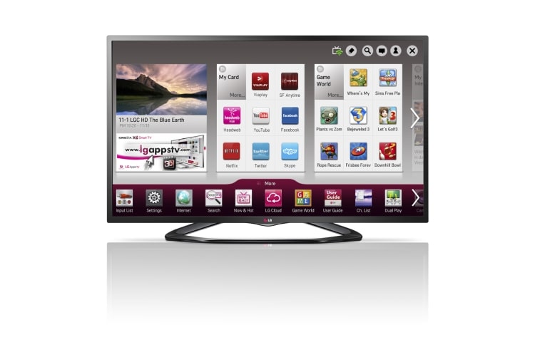 Vy framifrån av SMART LED TV. 0,9 GHz-processor och 1,25 GB RAM. Wi-Fi, DLNA och Magic Remote Ready. Trådstativ i svart design. 32LN575V
