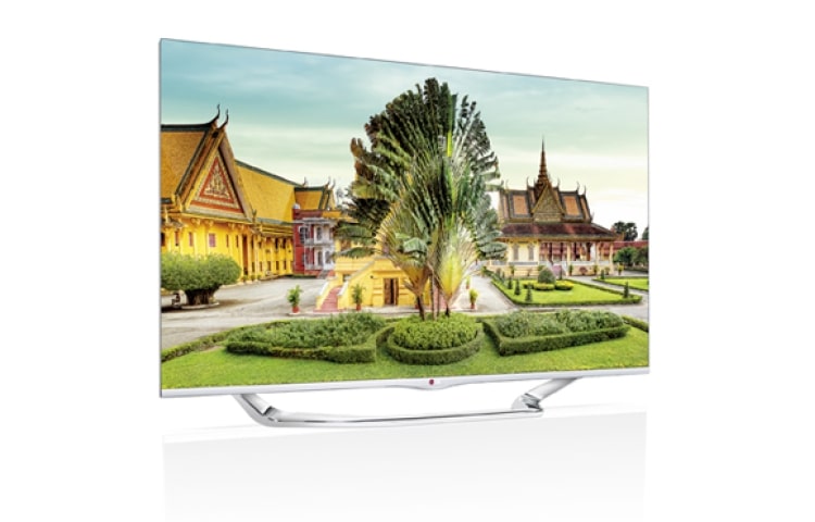 Vy framifrån av Mettalfärgad 42 tums SMART TV i Cinema Screen-design med vita detaljer och Magic Remote, 0,9 GHz dual core-processor och 1,25 GB RAM. Cinema 3D, Wi-Fi och DLNA.  42LA740V