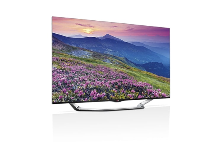 Vy framifrån av Supersnabb 42 tums Premium Smart TV med tunna ramar och Magic Remote. Kraftfull 1,2 GHz dual core processor och 2GB RAM och inbyggd kamera. Cinema 3D, Wi-Fi och DLNA. 42LA860W