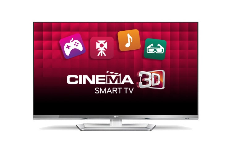 Vy framifrån av LGs vita LED TV med millimetertunna ramar, Smart TV med Magic Motion Remote och Cinema 3D. 42LM669T