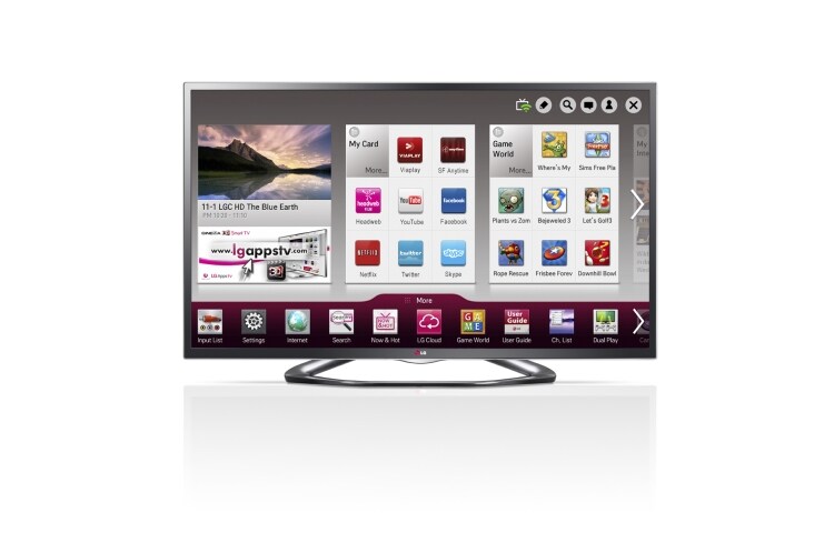 Vy framifrån av 47 tums SMART TV med kantbelyst LED-skärm, 0,9 GHz dual core-processor och 1,25 GB RAM. Cinema 3D, Wi-Fi och DLNA. 47LA641V