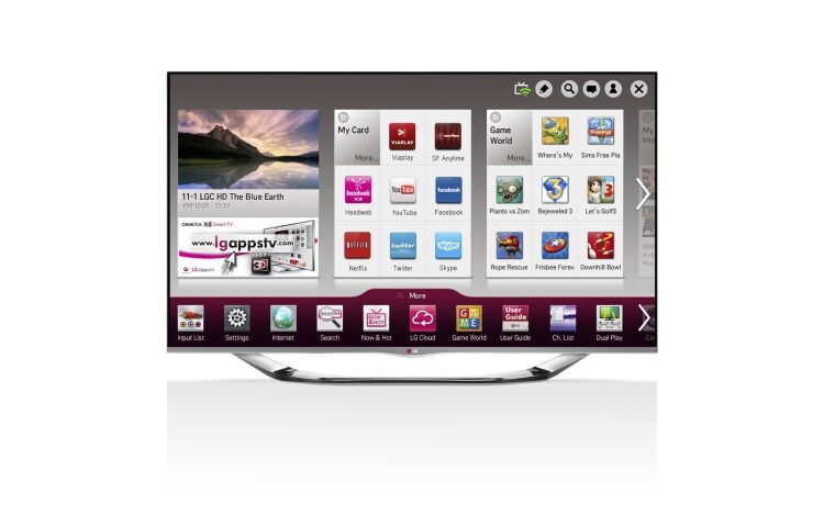 Vy framifrån av Silverfärgad 47 tums SMART TV i Cinema Screen-design med Magic Remote, 0,9 GHz dual core-processor och 1,25 GB RAM. Cinema 3D, Wi-Fi och DLNA. 47LA691V