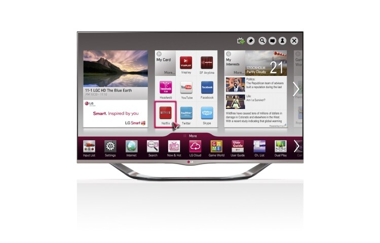 Vy framifrån av Gyllenfärgad 47 tums SMART TV i Cinema Screen-design med Magic Remote, 0,9 GHz dual core-processor och 1,25 GB RAM. Cinema 3D, Wi-Fi och DLNA. 47LA692V