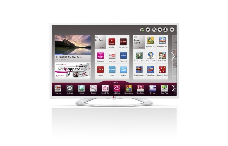 Vy framifrån av SMART LED TV. 0,9 GHz-processor och 1,25 GB RAM. Wi-Fi, DLNA och Magic Remote Ready. Trådstativ i vit design. 50LN577V