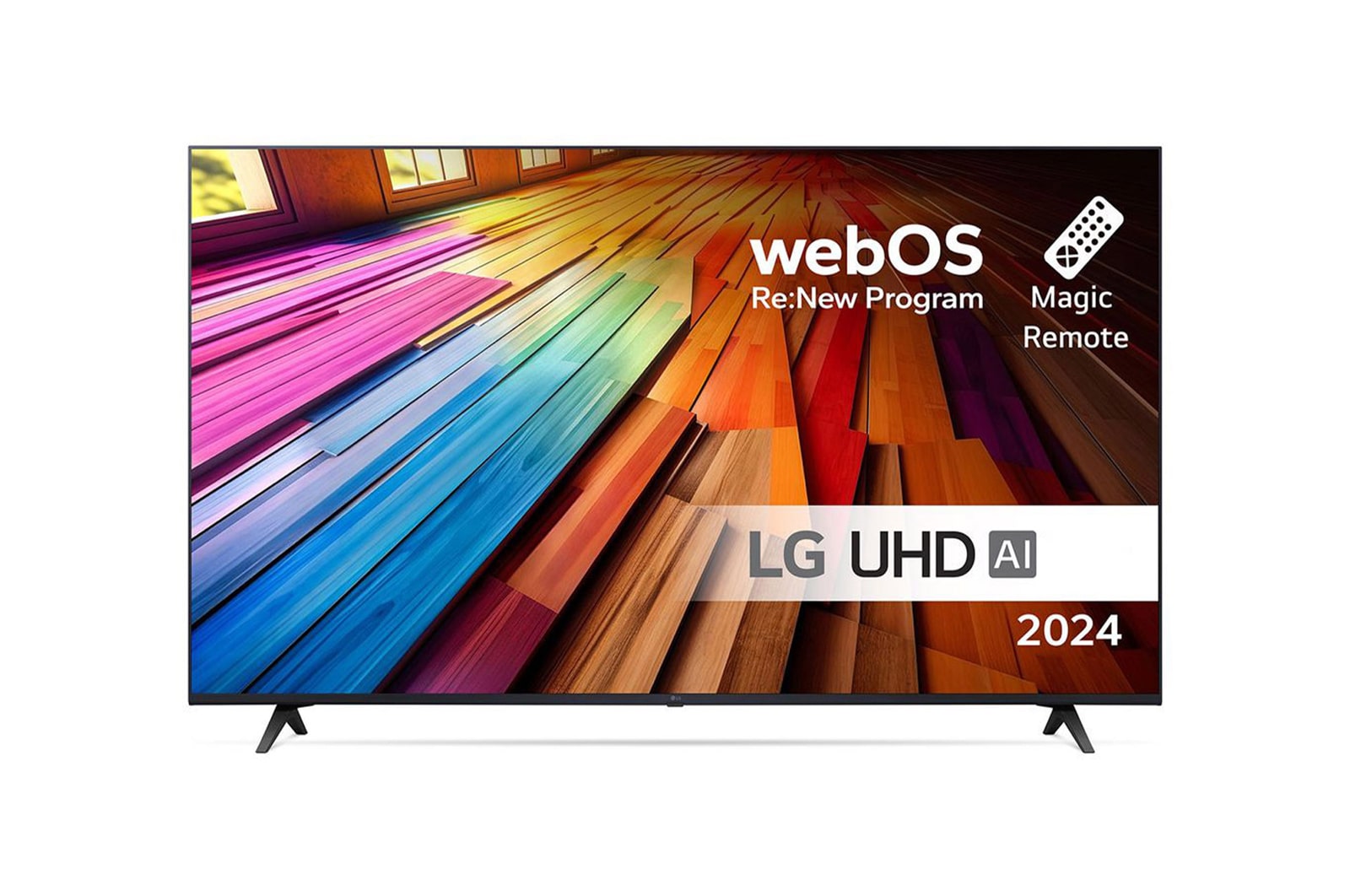 Front view of LG UHD TV, UT80 with text of LG UHD AI ThinQ, 2024, and webOS Re:New Program logo on screen
