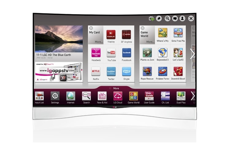 Vy framifrån av Premium välvd OLED-skärm med patentskyddad LG WRGB-teknik. OLED-skärmen ger perfekt kontrast och betraktningsvinkel och oslagbar rörelseskärpa. 55EA970V