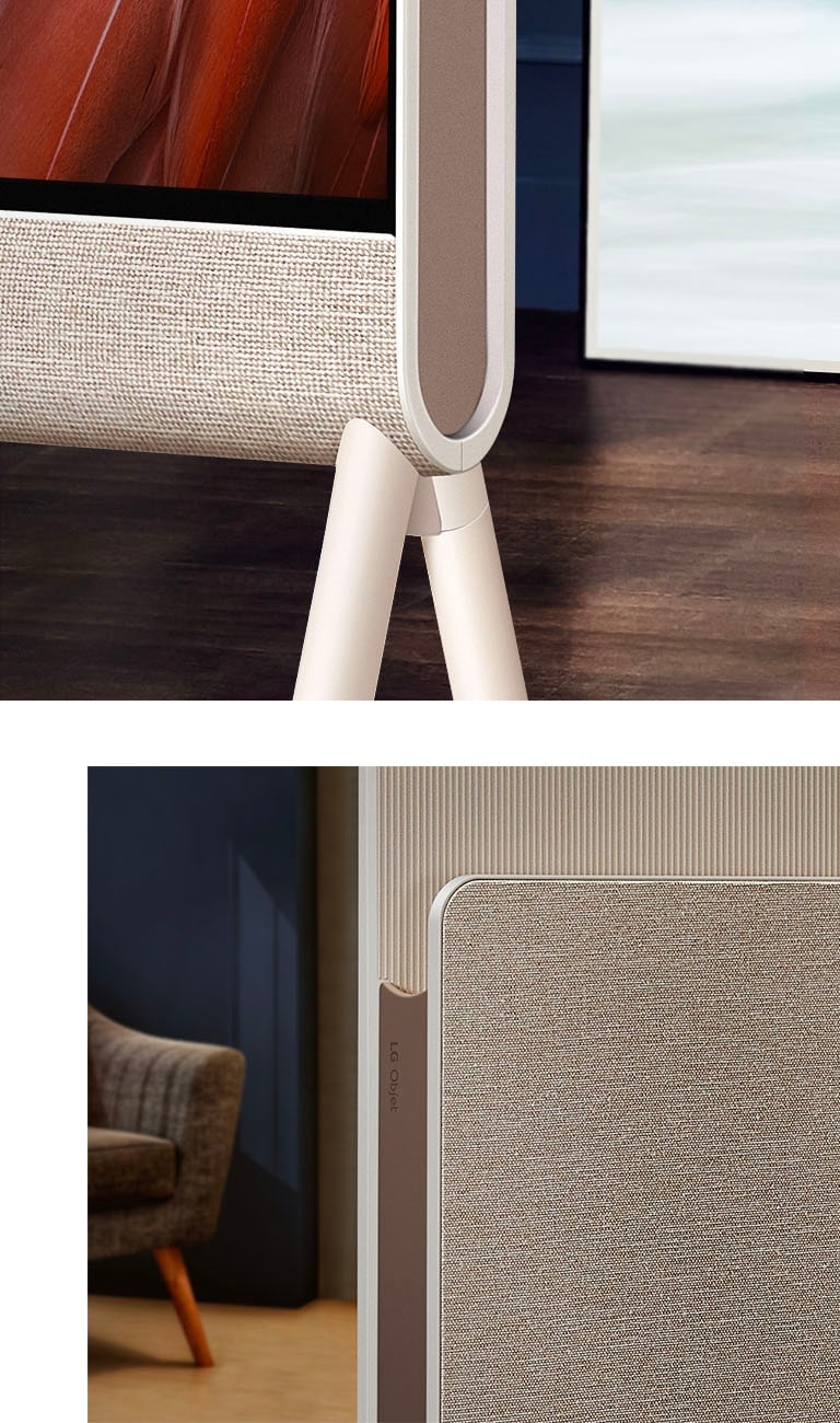 Närbild av Posé framifrån med fokus på tyget och med trägolv i bakgrunden. Närbild av tyg på mediehyllan och LG Objet-logotypen med en fåtölj i bakgrunden.