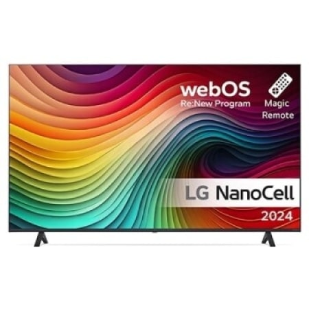 LG NanoCell TV:n etunäkymä, NANO81, jossa on teksti LG NanoCell, 2024, webOS Re:New Program -logo ja Magic Remote -kaukosäädin näytöllä