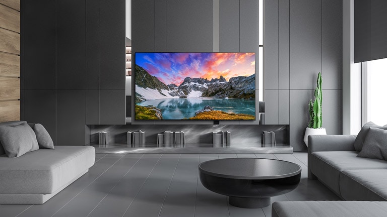 TV i ett lyxigt hus som visar naturen från en ögonhöjdsvy.