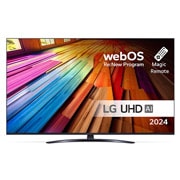 Vy framifrån av LG UHD TV, UT81 med texten LG UHD AI ThinQ, 2024, och logotypen för webOS Re:New Program på skärmen