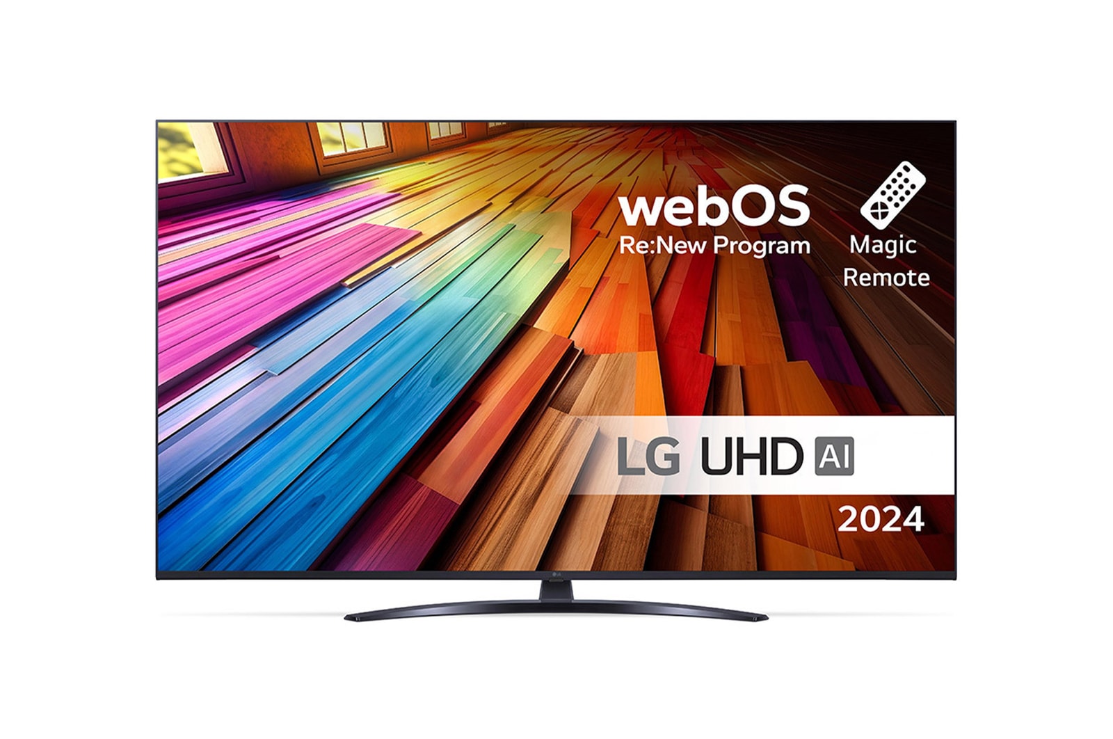 Vy framifrån av LG UHD TV, UT81 med texten LG UHD AI ThinQ, 2024, och logotypen för webOS Re:New Program på skärmen