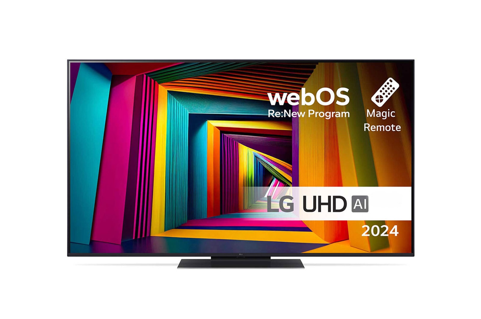 Vedere din față a unui LG UHD TV, UT90 cu text AI ThinQ și 2024 pe ecran