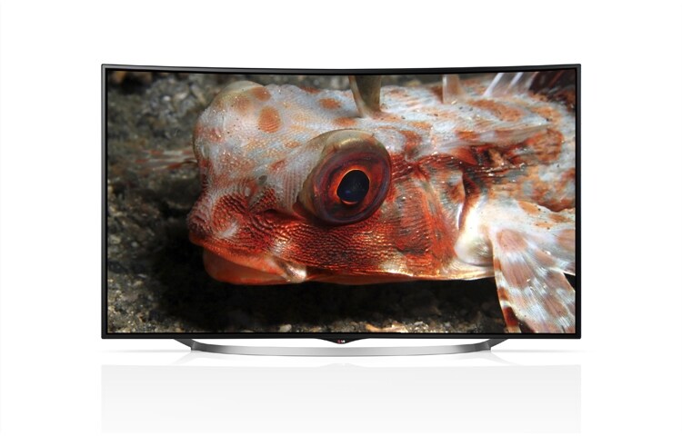 Vy framifrån av KURVAD PREMIUM ULTRA HD-SKÄRM MED INBYGGDA HÖGTALARE PÅ 35 WATT. DEN HAR ÄVEN WEBOS SMART TV MED PREMIUMINNEHÅLL, 3D, WI-FI, DLNA OCH MAGIC REMOTE. 65UC970V