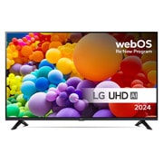Vy framifrån av LG UHD TV, UT73 med texten LG UHD AI ThinQ, 2024, och logotypen för webOS Re:New Program på skärmen