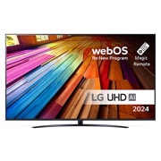 Front view of LG UHD TV, UT80 with text of LG UHD AI ThinQ, 2024, and webOS Re:New Program logo on screen