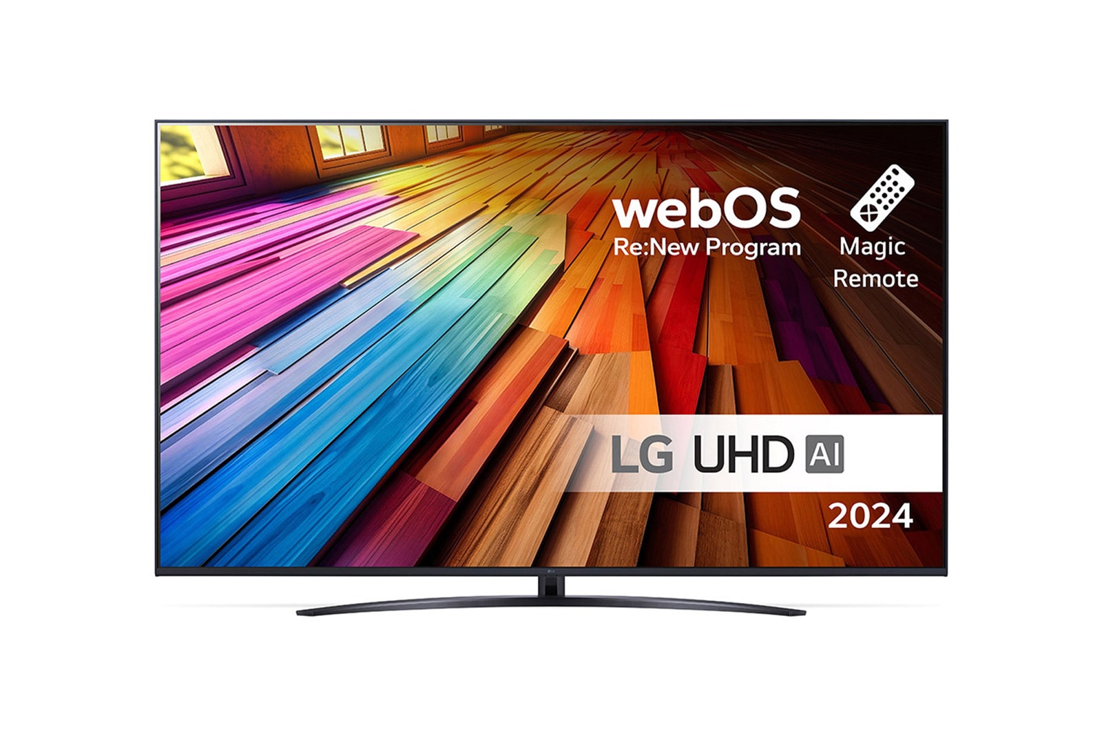 Front view of LG UHD TV, UT80 with text of LG UHD AI ThinQ, 2024, and webOS Re:New Program logo on screen