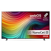 LG NanoCell TV:n etunäkymä, NANO81, jossa on teksti LG NanoCell, 2024, webOS Re:New Program -logo ja Magic Remote -kaukosäädin näytöllä