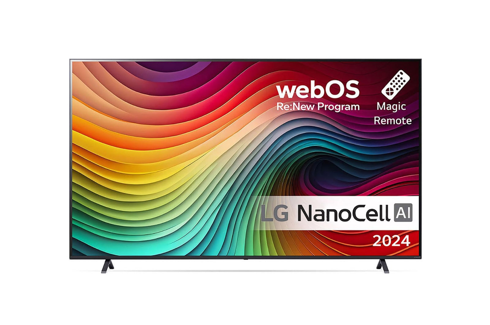 LG NanoCell TV:n etunäkymä, NANO81, jossa on teksti LG NanoCell, 2024, webOS Re:New Program -logo ja Magic Remote -kaukosäädin näytöllä