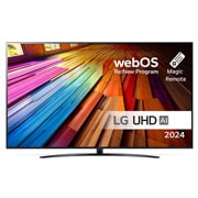 Vy framifrån av LG UHD TV, UT81 med texten LG UHD AI ThinQ, 2024, och logotypen för webOS Re:New Program på skärmen