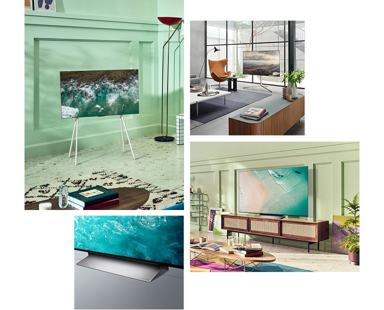 En LG OLED C2 med golvstativ står i hörnet av ett mintfärgat rum. En LG OLED C2 med galleri-fästet står framför ett stort fönster i ett modernt rum. En LG OLED C2 står på en TV-möbel i vintagestil i ett limegrönt rum med färgstark konst och möblering. En närbild där nedre delen av LG OLED C2 ses i vinkel.
