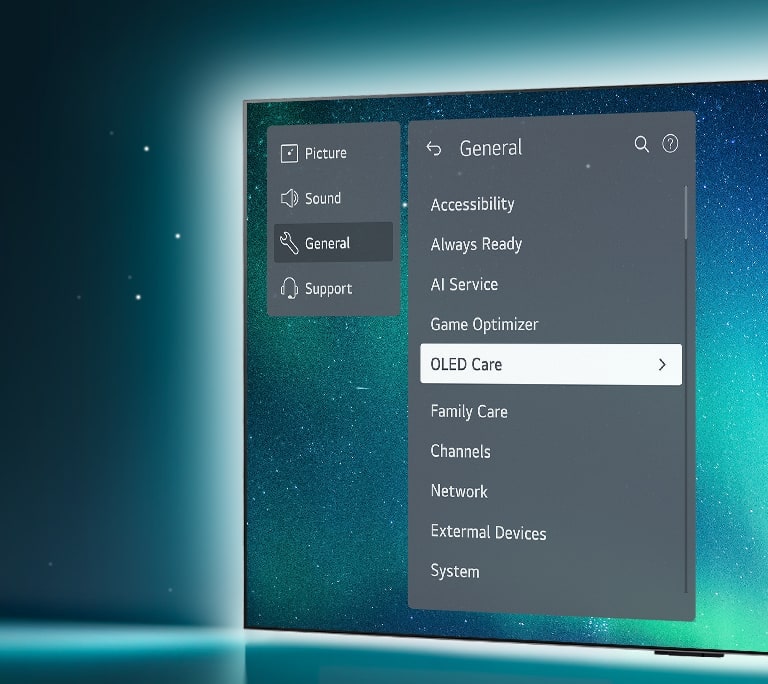OLED TV står på höger sida av bilden. Menyn Support visas högst upp på skärmen och menyn OLED Care är vald.