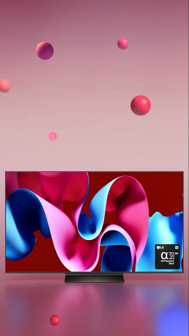 LG OLED C4 vänd 45 grader åt höger med ett rosa och blått abstrakt konstverk på skärmen mot en rosa bakgrund med 3D-sfärer. OLED TV:n roterar så att den är vänd framåt. Längst ned till höger finns en logotyp för LG alpha 9 AI processor Gen7.
