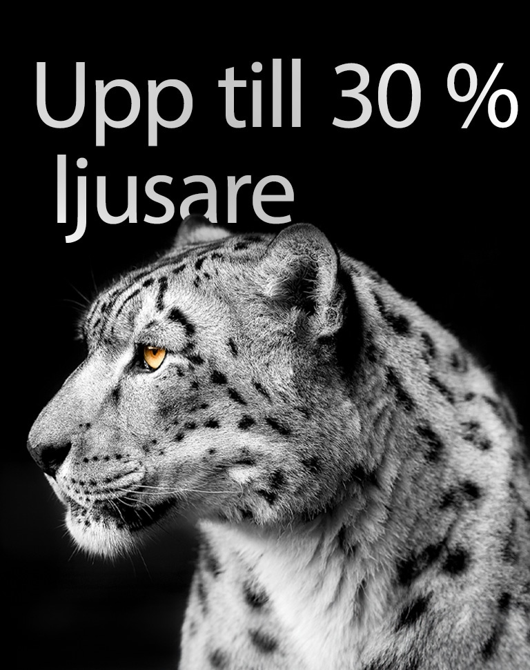 En vit leopard som visar sitt sidoansikte på vänster sida av bilden. Texten ”Upp till 30 % ljusare” visas till vänster.