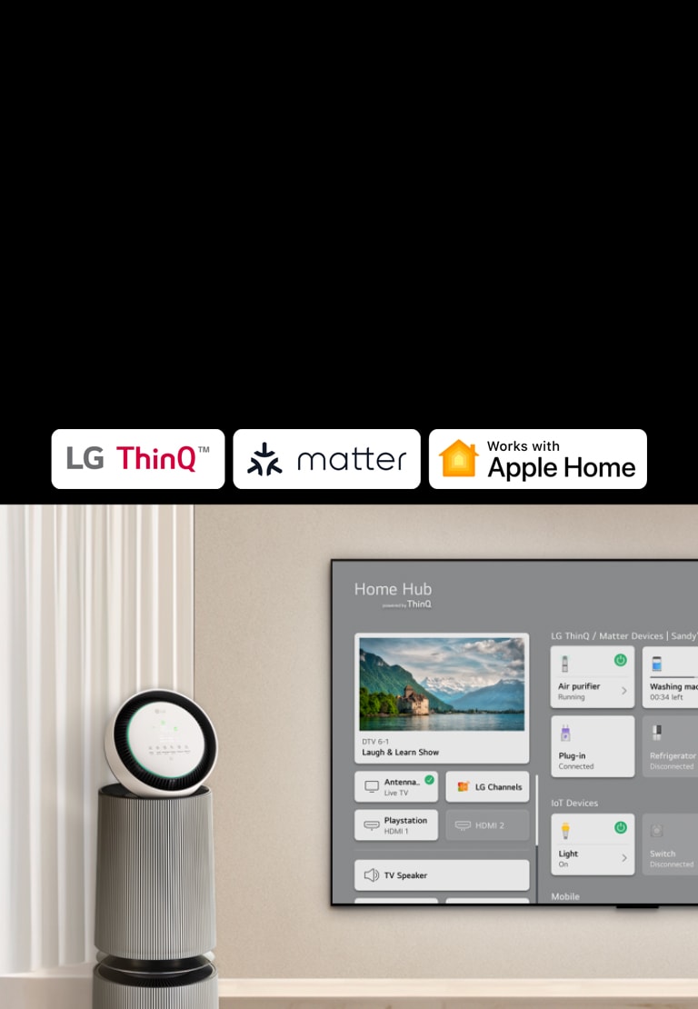 En logotyp för LG ThinQ™, matter och Apple Home. En LG TV monterad på en vägg och en LG PuriCare™ Objet Collection 360° till vänster. TV:n visar Home Hub och en markör klickar på "Luftrenare" och LG PuriCare™ Objet Collection 360° aktiveras.