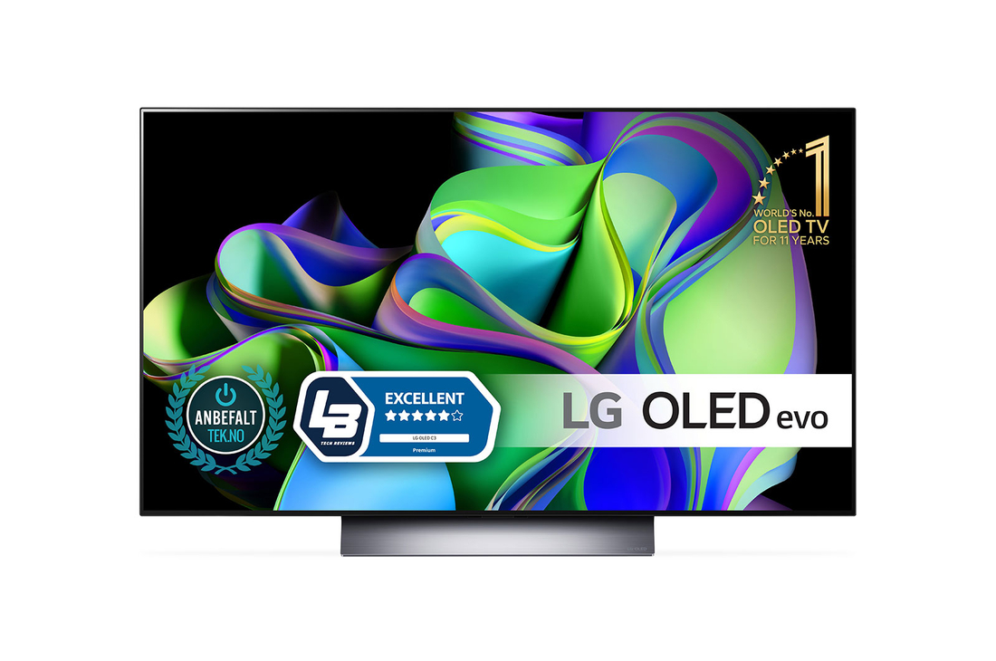 Vy framifrån med LG OLED och emblemet för 11 Years World No.1 OLED på skärmen.