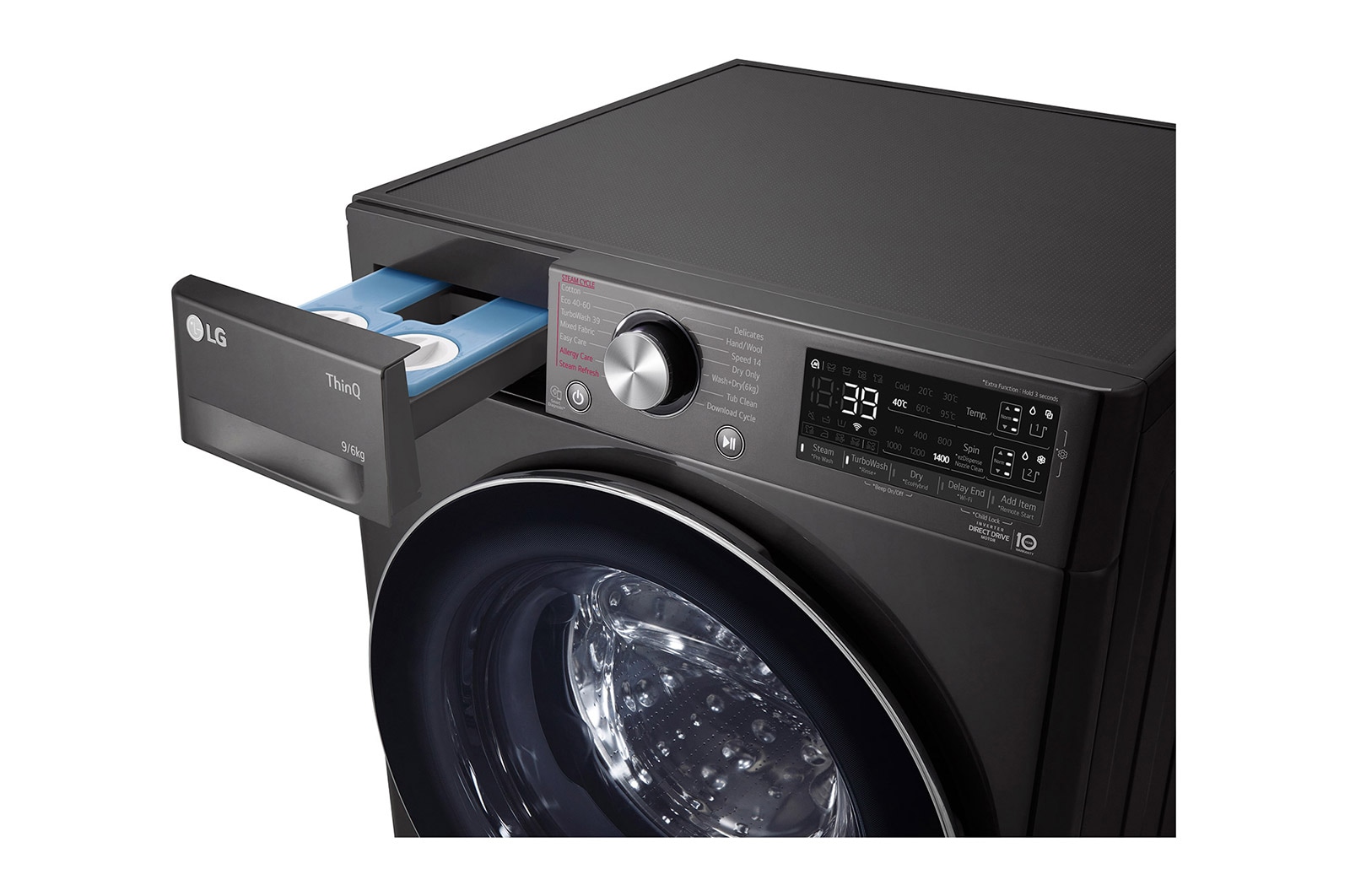 LG 9 kg / 6 kg Tvättmaskin/Torktumlare(Svart) - Auto Dose, Steam, Energiklass E, TurboWash™360, AI DD™, Smart Diagnosis™ med Wi-Fi, CV90V6S2BA