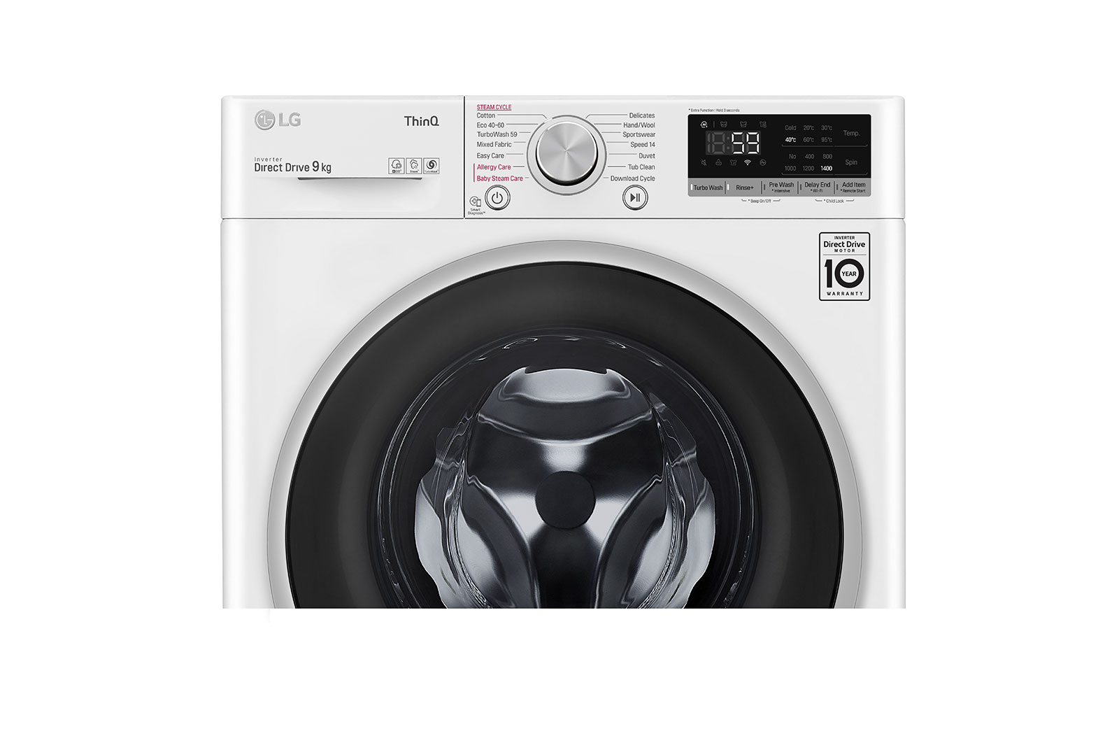 LG 9 kg Tvättmaskin(Vit) - Steam, Energiklass D, TurboWash™, AI DD™, Smart Diagnosis™ med Wi-Fi, F4WV509S1W