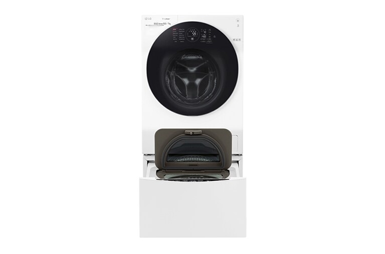Vy framifrån av 1-10.5 kg / 1-7 kg LG TWINWash™ med True Steam™  &amp; 6 Motion Direct Drive. Kombinerad tvätt/tork med Wi-Fi och Miniwash FH4G1JCH2NW