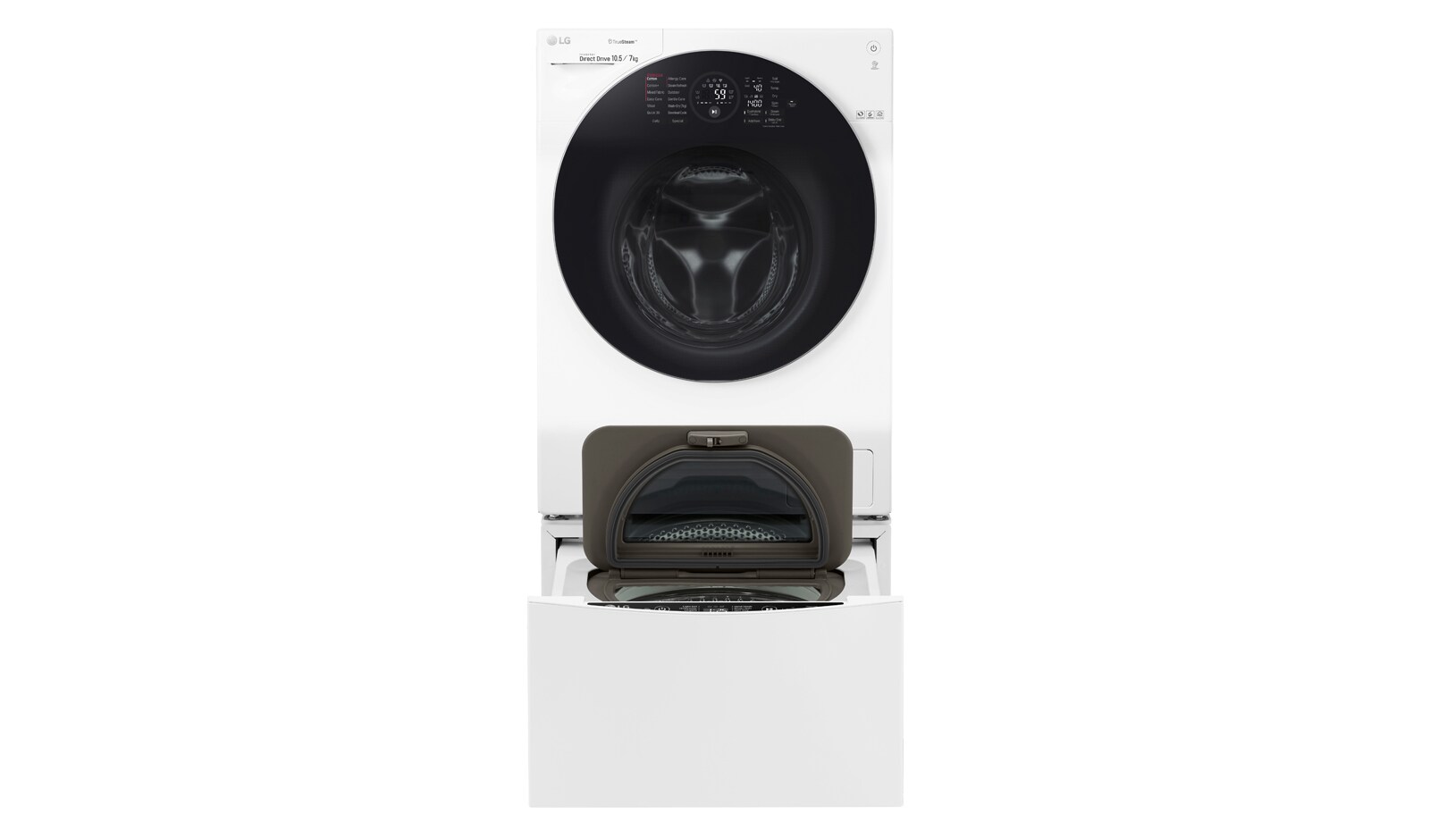 Vy framifrån av 1-10.5 kg / 1-7 kg LG TWINWash™ med True Steam™  &amp; 6 Motion Direct Drive. Kombinerad tvätt/tork med Wi-Fi och Miniwash FH4G1JCH2NW