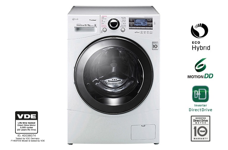 Vy framifrån av 1-12 kg / 1-8 kg True Steam™ 6 Motion Direct Drive tvätt/torkmaskin  FH695BDH2N