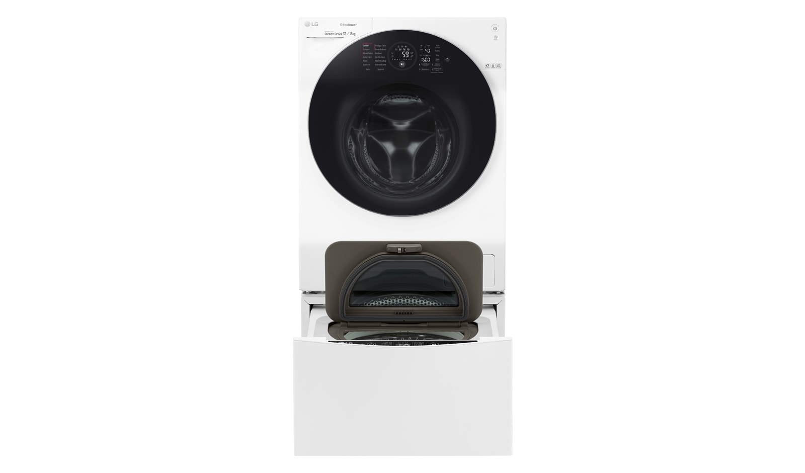 Vy framifrån av 1-12 kg / 1-8 kg LG TWINWash™ med True Steam™  &amp; 6 Motion Direct Drive. Kombinerad tvätt/tork med Wi-Fi och Miniwash FH6G1BCH2NW