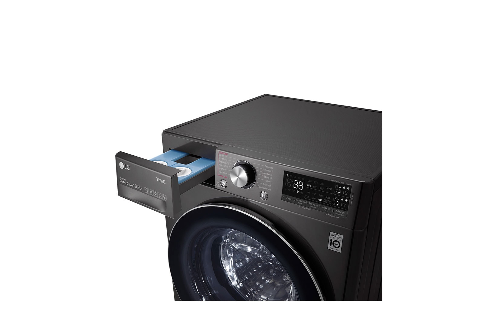LG 10.5 kg Tvättmaskin(Svart) - Auto Dose, Steam, Energiklass A, TurboWash360™, AI DD™, Smart Diagnosis™ med Wi-Fi, FV74JNS2QA