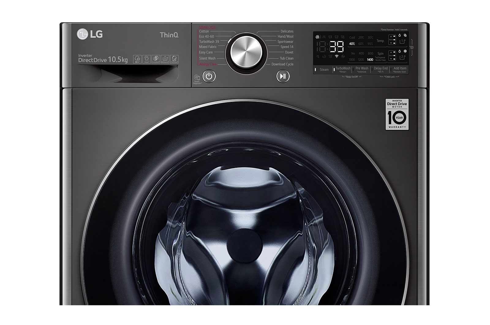 LG 10.5 kg Tvättmaskin(Svart) - Auto Dose, Steam, Energiklass A, TurboWash360™, AI DD™, Smart Diagnosis™ med Wi-Fi, FV74JNS2QA