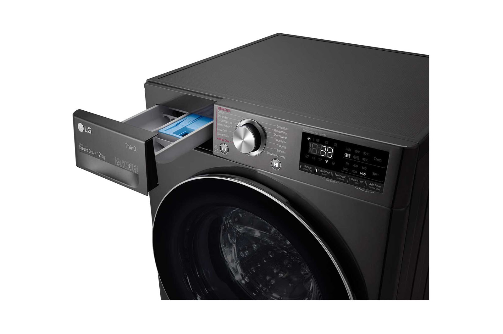 LG 12 kg Tvättmaskin(Svart) - Steam+, Energiklass A, , TurboWash360™, AI DD™, Smart Diagnosis™ med Wi-Fi, FV90BNS2BE