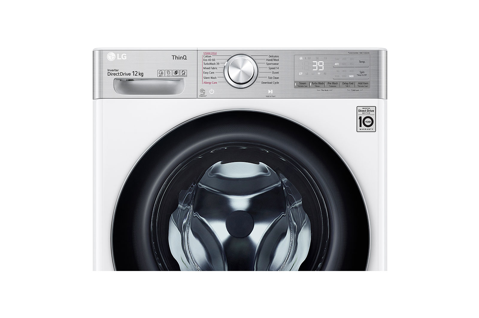 LG 12 kg Tvättmaskin(Vit) - Steam+, Energiklass A, , TurboWash360™, AI DD™, Smart Diagnosis™ med Wi-Fi, P4AVBS2WE
