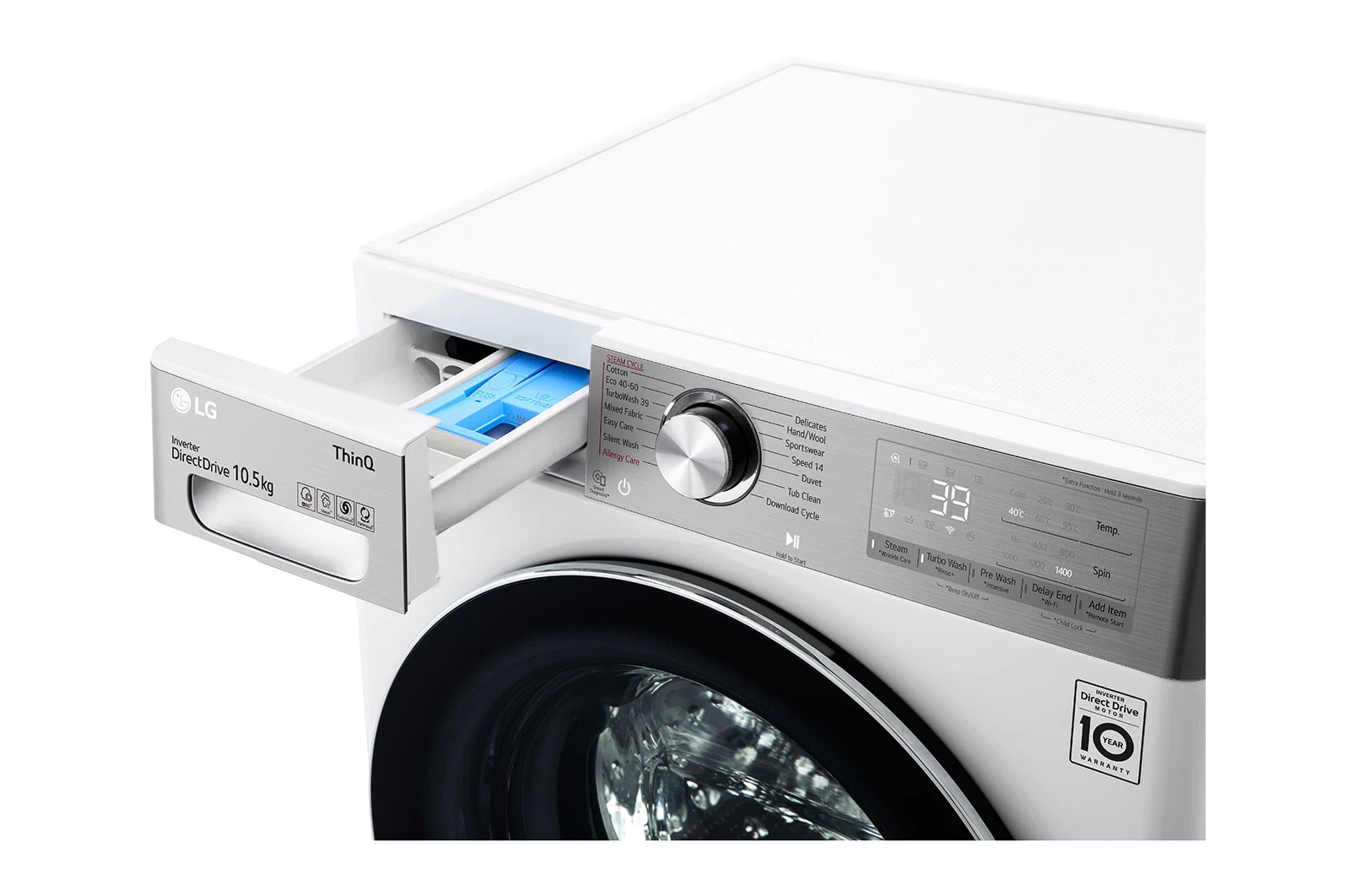 LG 10.5 kg Tvättmaskin(Vit) - Steam+, Energiklass A, , TurboWash360™, AI DD™, Smart Diagnosis™ med Wi-Fi, P4AVJS2WE