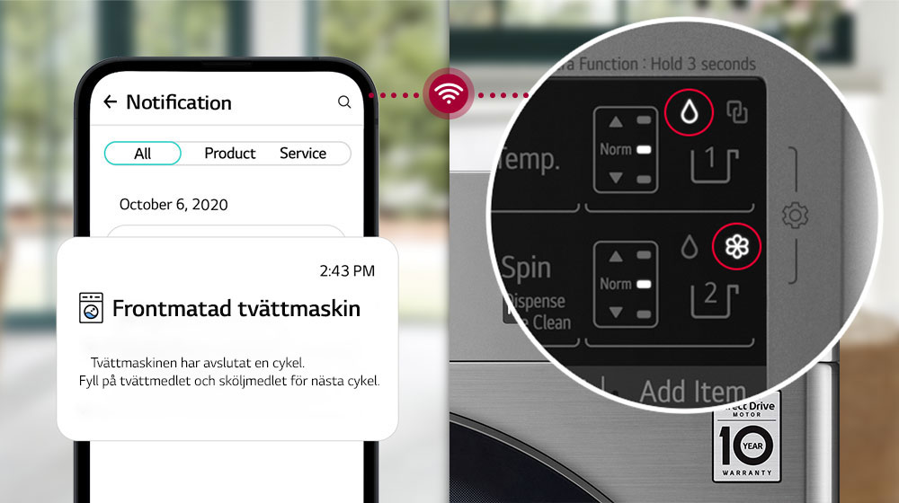 Avisering om att fylla på tvättmaskinen visas på både mobil och tvättmaskin.