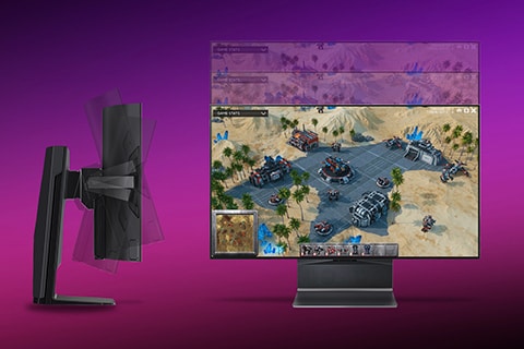 Bilden visar en LG OLED Flex sedd från sidan och framifrån. Sidovyn visar tiltfunktionen, medan frontvyn visar höjdjusteringen.