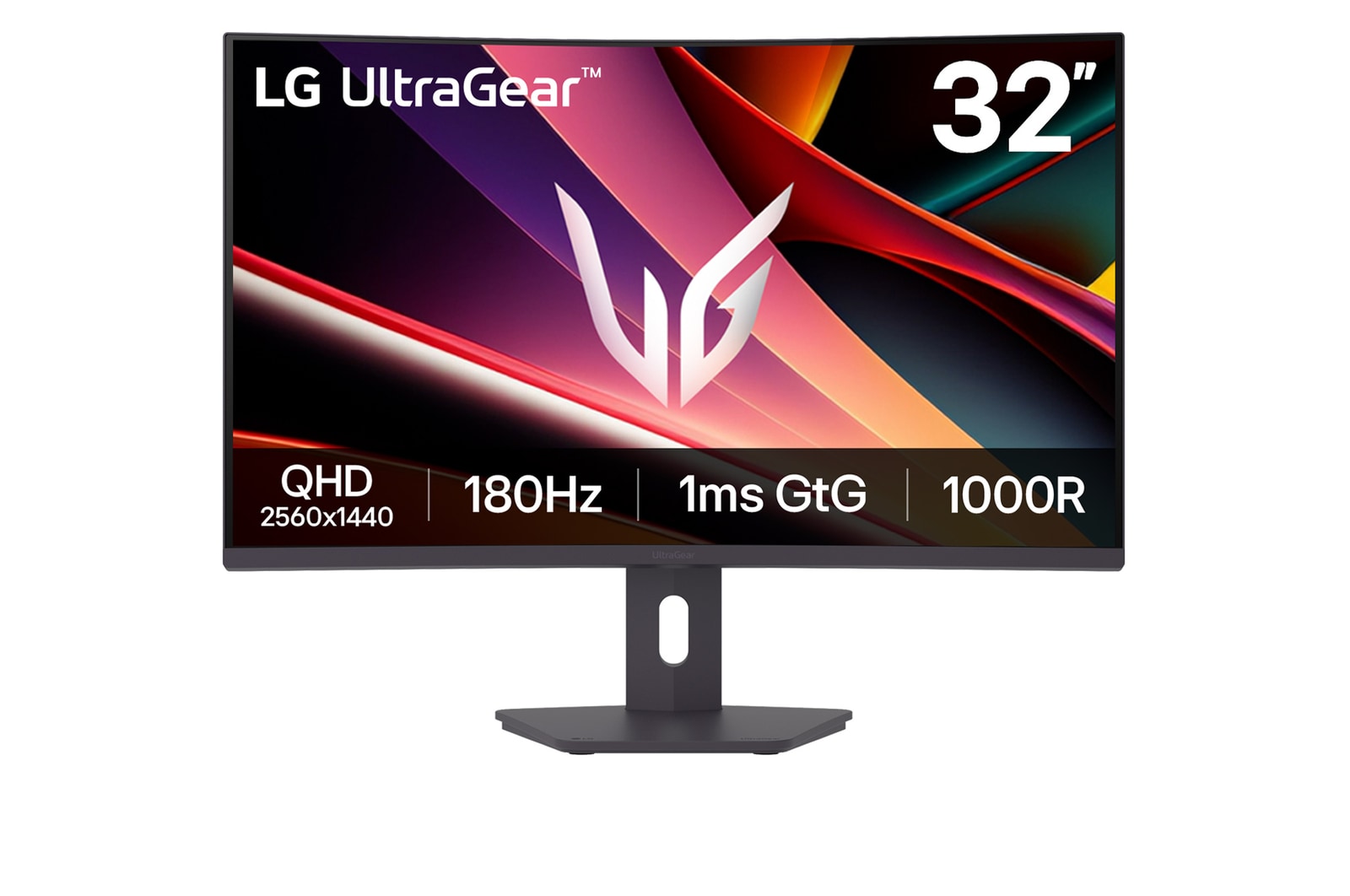 Vy framifrån av LG 32" UltraGear™ QHD 180 Hz 1 ms GtG böjd spelskärm 32G600A-B