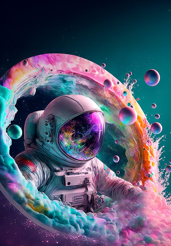 Den visar en astronaut och en färgstark abstrakt bild med livfulla 4K UHD-färger.	