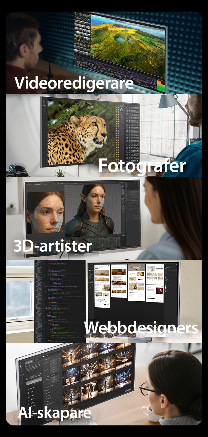 5 images showing various creative workers working on UltraFine monitors using various tools.
